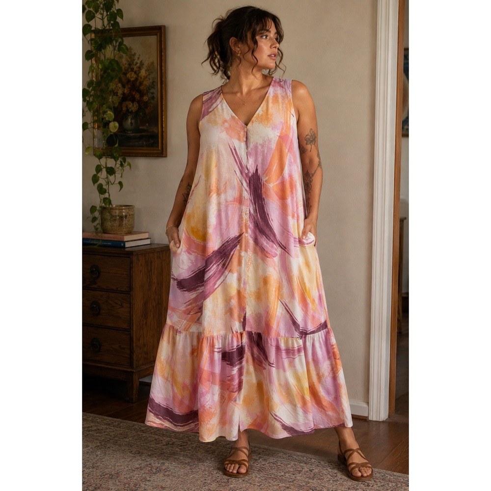 Naturals d&co Womens XL Pink Abstract Brushstroke Sleeveless Tiered Maxi Dress